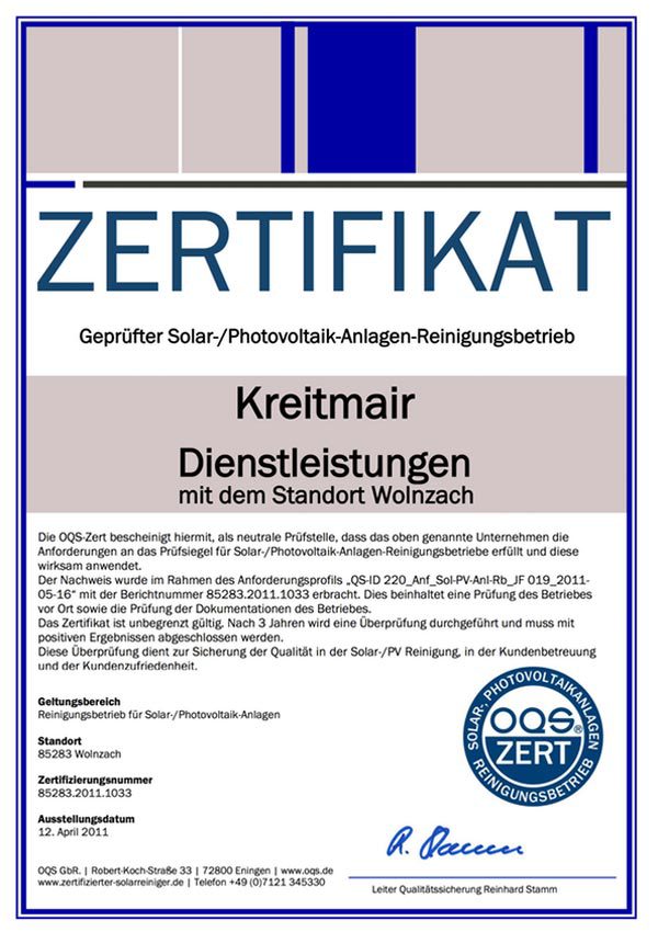 Zertifikat Photovoltaik / Solar Reinigungsbetrieb
